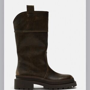 Zara Brown Low Heeled Double Sole Mid-Calf Boots